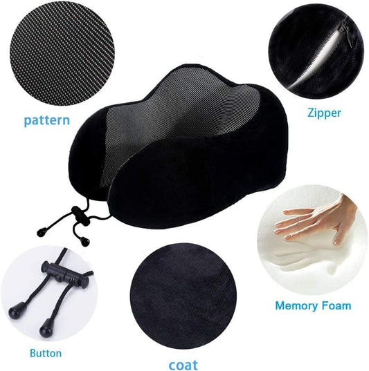 Black Travel Pillow with 3D Eye Masks, Earplugs, and Luxury Bag