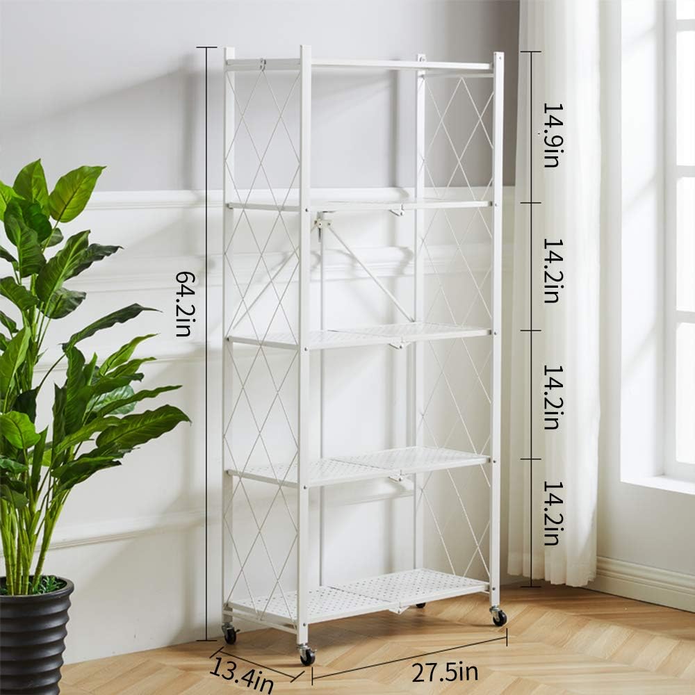 Foldable Storage Shelves 5 Tier, Storage Racks Kitchen Cabinet (White)