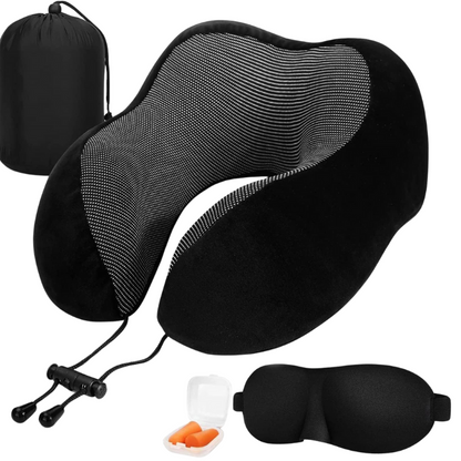 Black Travel Pillow with 3D Eye Masks, Earplugs, and Luxury Bag