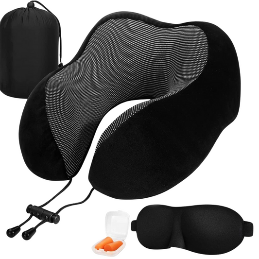 Black Travel Pillow with 3D Eye Masks, Earplugs, and Luxury Bag