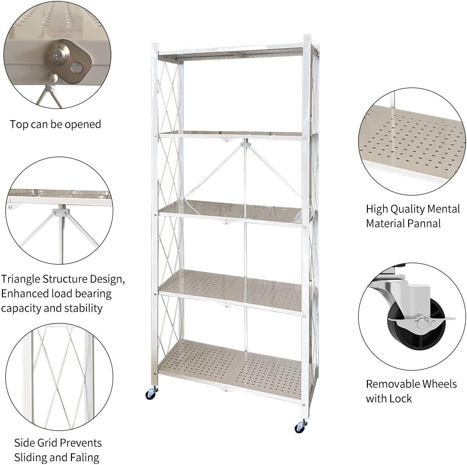 Foldable Storage Shelves 5 Tier, Storage Racks Kitchen Cabinet (White)