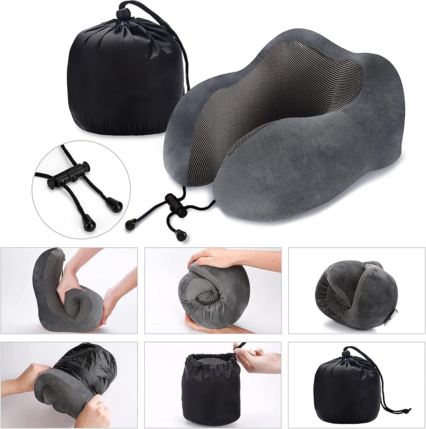 Grey Travel Pillow with 3D Eye Masks, Earplugs, and Luxury Bag