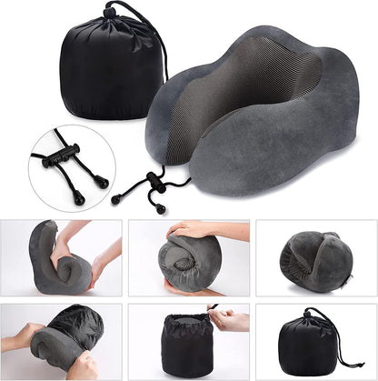Grey Travel Pillow with 3D Eye Masks, Earplugs, and Luxury Bag