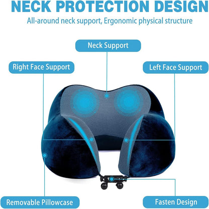 Blue Travel Pillow with 3D Eye Masks, Earplugs, and Luxury Bag