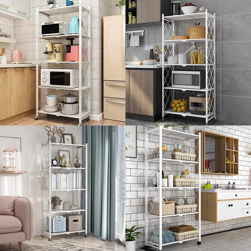 Foldable Storage Shelves 5 Tier, Storage Racks Kitchen Cabinet (White)