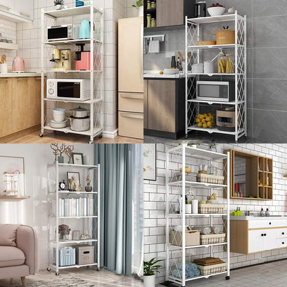 Foldable Storage Shelves 5 Tier, Storage Racks Kitchen Cabinet (White)