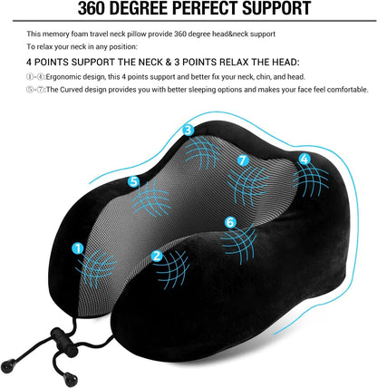 Black Travel Pillow with 3D Eye Masks, Earplugs, and Luxury Bag