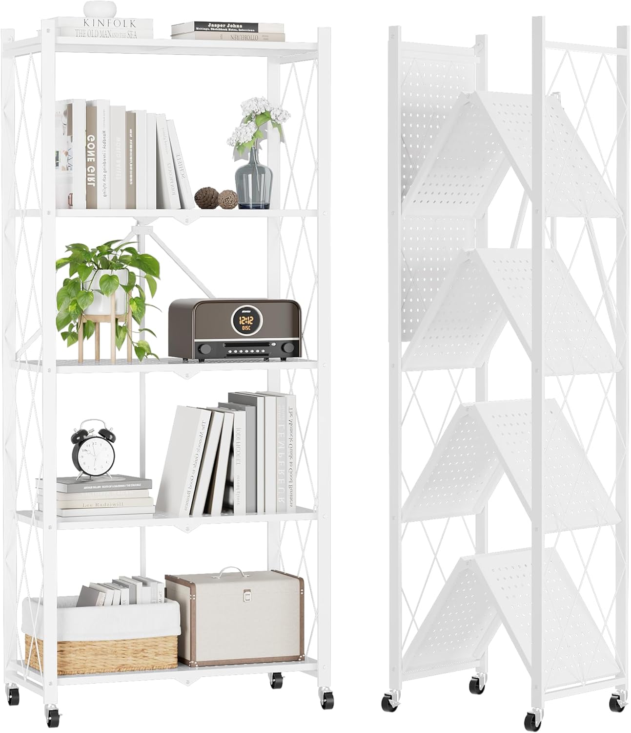 Foldable Storage Shelves 5 Tier, Storage Racks Kitchen Cabinet (White)
