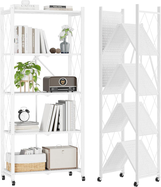 Foldable Storage Shelves 5 Tier, Storage Racks Kitchen Cabinet (White)