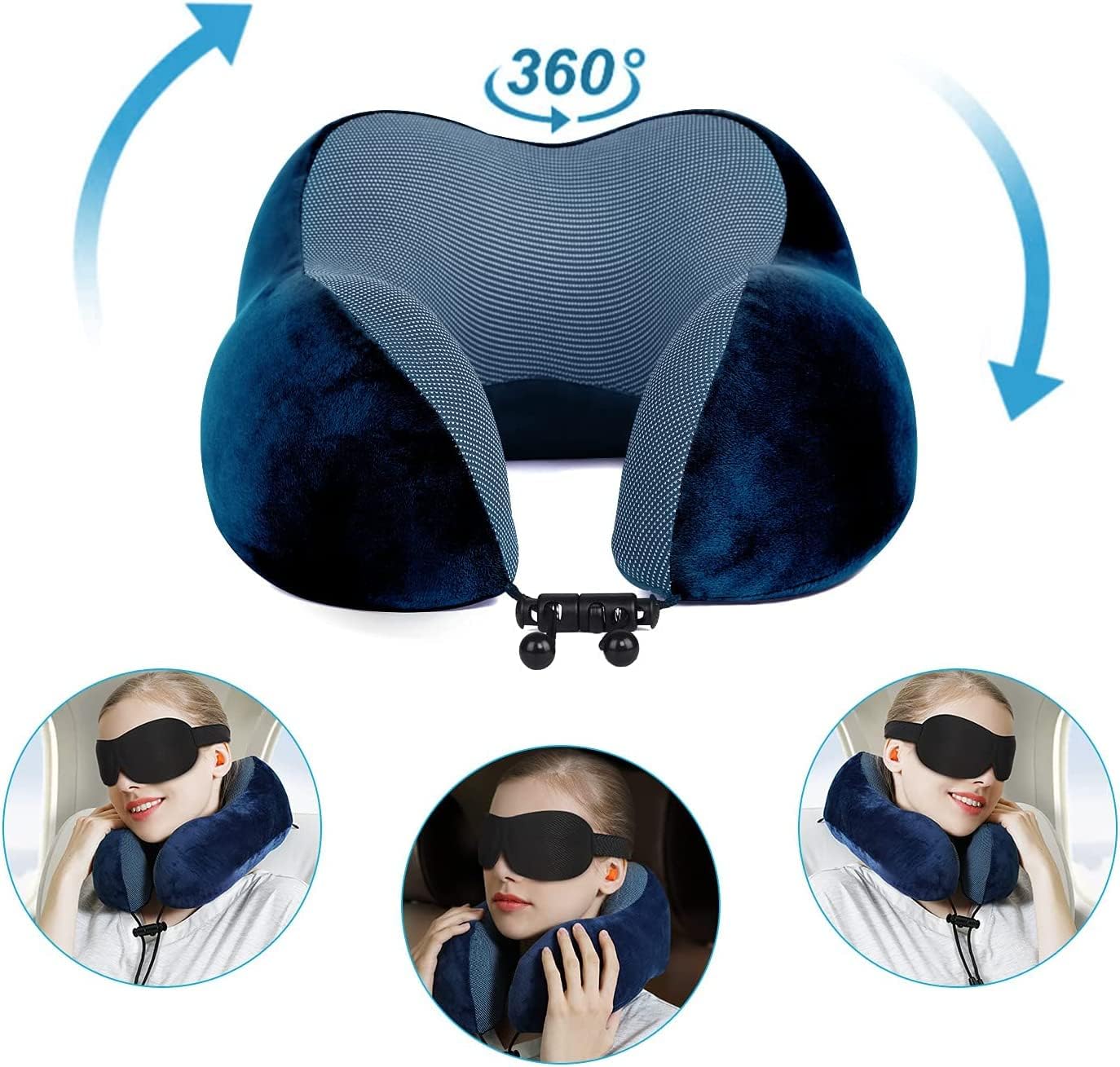 Blue Travel Pillow with 3D Eye Masks, Earplugs, and Luxury Bag