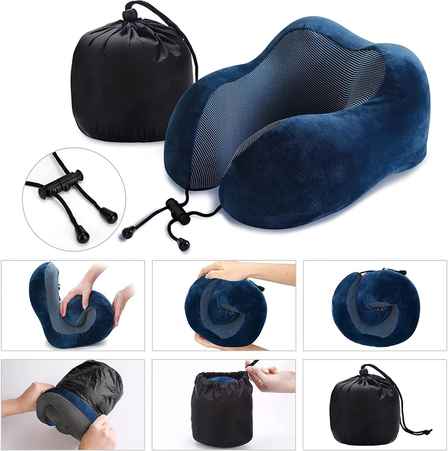 Blue Travel Pillow with 3D Eye Masks, Earplugs, and Luxury Bag
