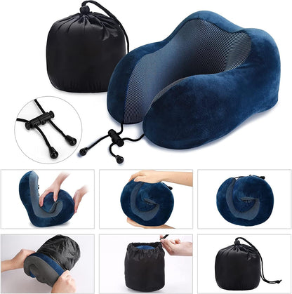 Blue Travel Pillow with 3D Eye Masks, Earplugs, and Luxury Bag