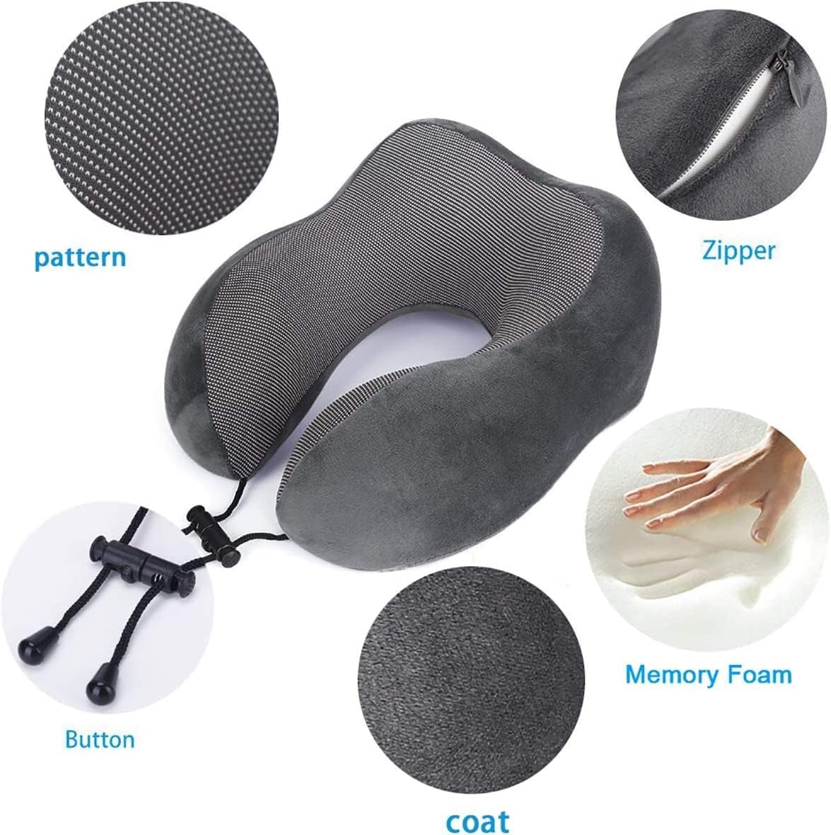 Grey Travel Pillow with 3D Eye Masks, Earplugs, and Luxury Bag