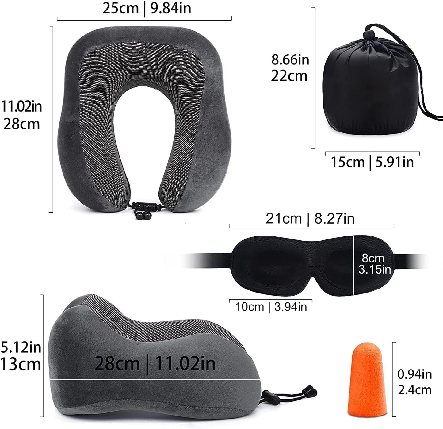 Grey Travel Pillow with 3D Eye Masks, Earplugs, and Luxury Bag