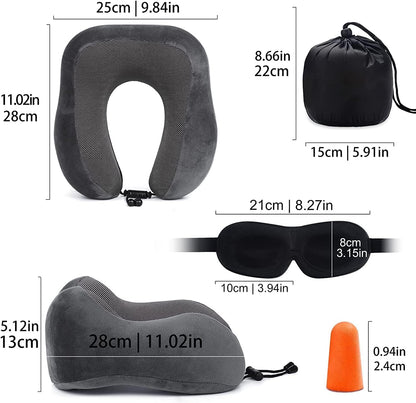 Grey Travel Pillow with 3D Eye Masks, Earplugs, and Luxury Bag
