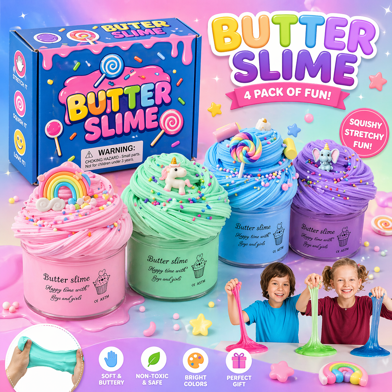 Maanys Butter Slime Kit – Soft, Non - Sticky, Slime for Kids (Pack of 4) - Mannys