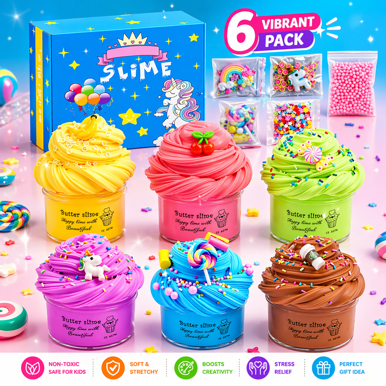 Butter Slime Kit Pack of 6 – Non - Sticky, Stretchy Slime Toys for Kids - Mannys