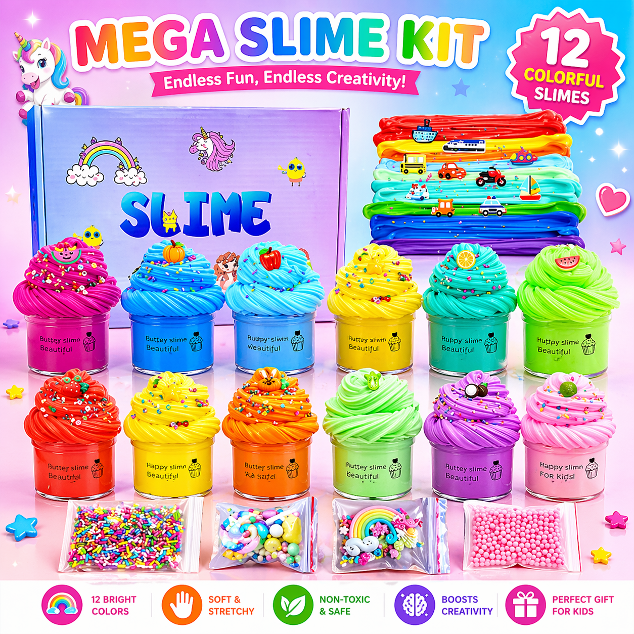 Maanys Slime Kit Pack of 12 – Non - Sticky, Soft & Stretchy Slime for Kids - Mannys