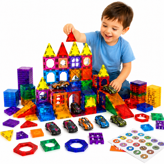 68 PCS Magnetic Tiles with 6 Cars – STEM Building Blocks for Kids - Mannys