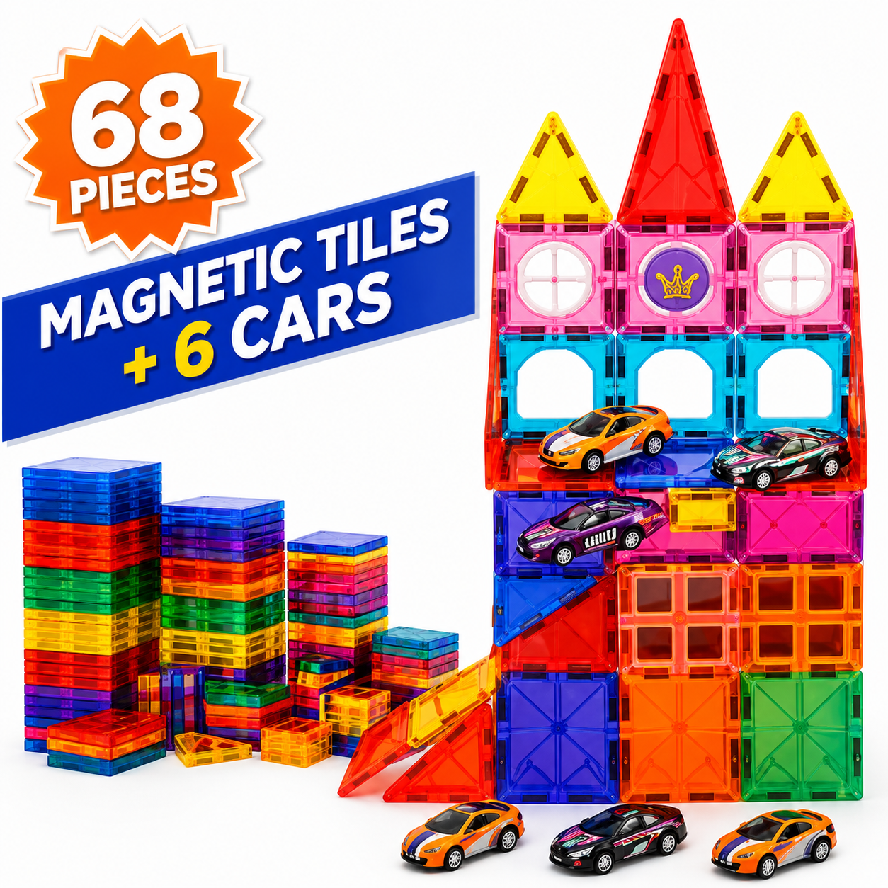 68 PCS Magnetic Tiles with 6 Cars – STEM Building Blocks for Kids - Mannys