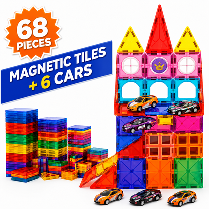 68 PCS Magnetic Tiles with 6 Cars – STEM Building Blocks for Kids - Mannys