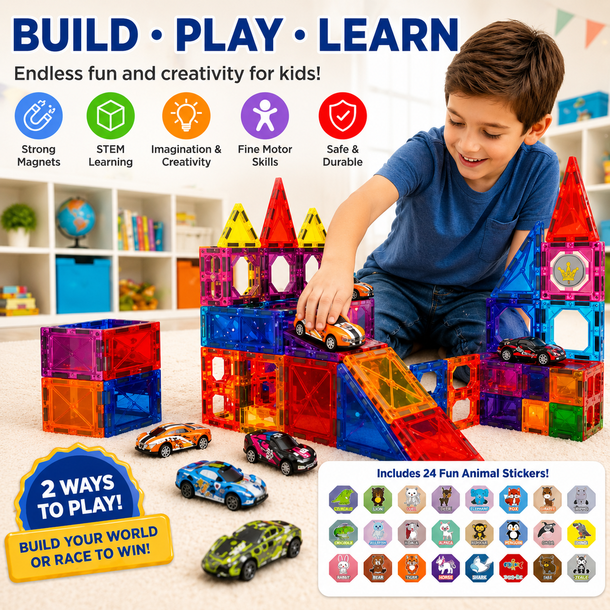 68 PCS Magnetic Tiles with 6 Cars – STEM Building Blocks for Kids - Mannys