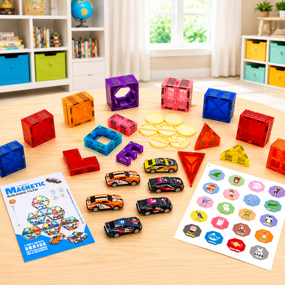 68 PCS Magnetic Tiles with 6 Cars – STEM Building Blocks for Kids - Mannys