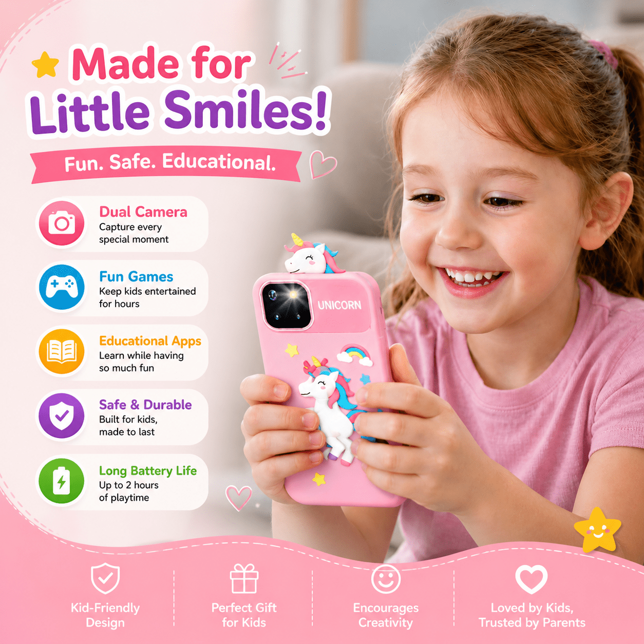 Maanys Kids Smart Phone Toy – Dual Camera, Games & Music Player (Ages 3–7) - Mannys