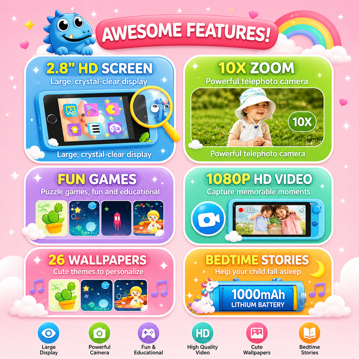 Maanys Kids Smart Phone Toy – Dual Camera, Games & Music Player (Ages 3–7) - Mannys