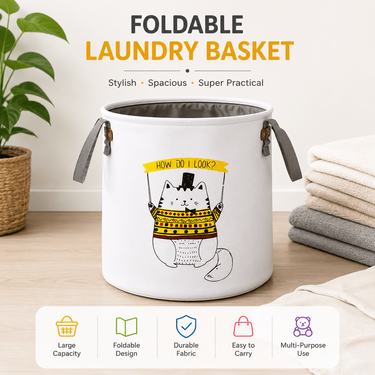 Foldable Laundry Basket & Toy Storage Bin – Fabric Organizer Basket (Cat Design) - Mannys