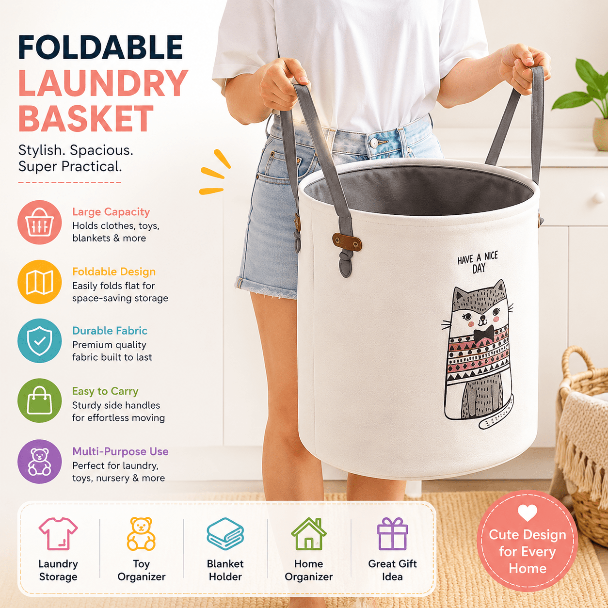 Foldable Laundry Basket & Toy Storage Bin – Fabric Organizer Basket (Cat Design) - Mannys