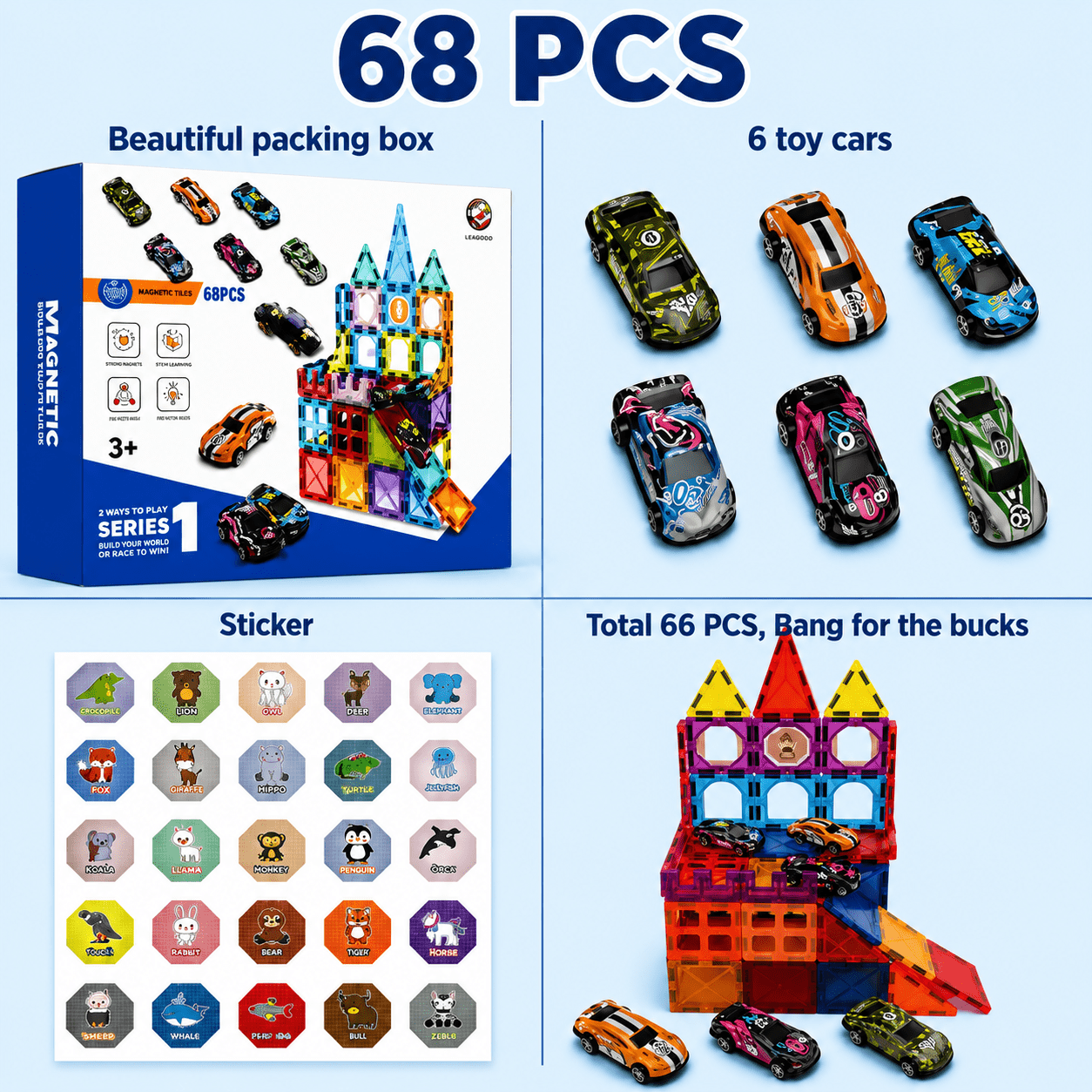 68 PCS Magnetic Tiles with 6 Cars – STEM Building Blocks for Kids - Mannys