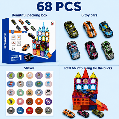 68 PCS Magnetic Tiles with 6 Cars – STEM Building Blocks for Kids - Mannys