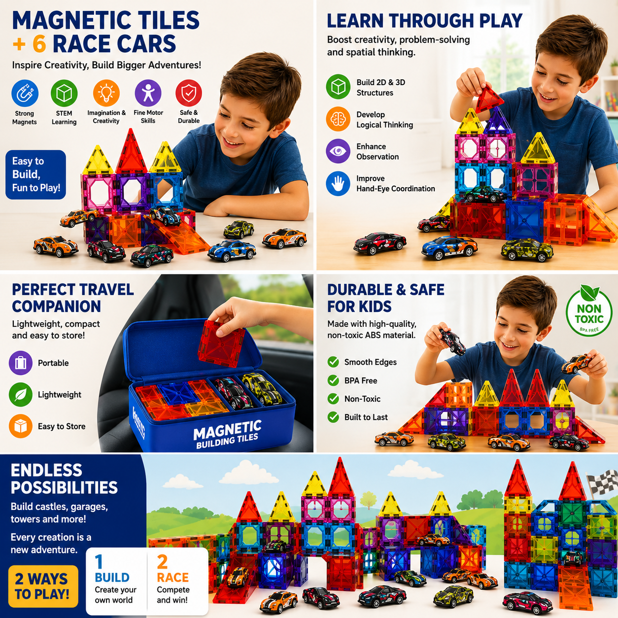 68 PCS Magnetic Tiles with 6 Cars – STEM Building Blocks for Kids - Mannys
