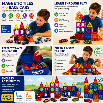 68 PCS Magnetic Tiles with 6 Cars – STEM Building Blocks for Kids - Mannys