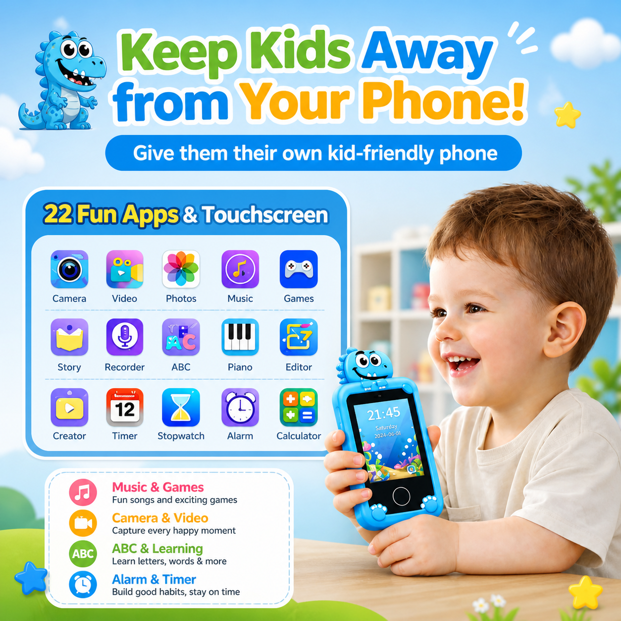 Maanys Kids Toy Phone – Camera, Games & Music Player for Toddlers - Mannys