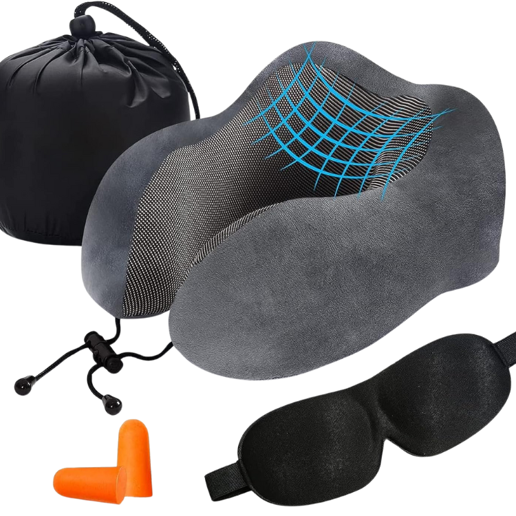 Grey Travel Pillow with 3D Eye Masks, Earplugs, and Luxury Bag