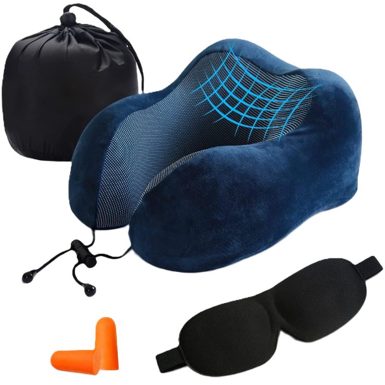 Blue Travel Pillow with 3D Eye Masks, Earplugs, and Luxury Bag