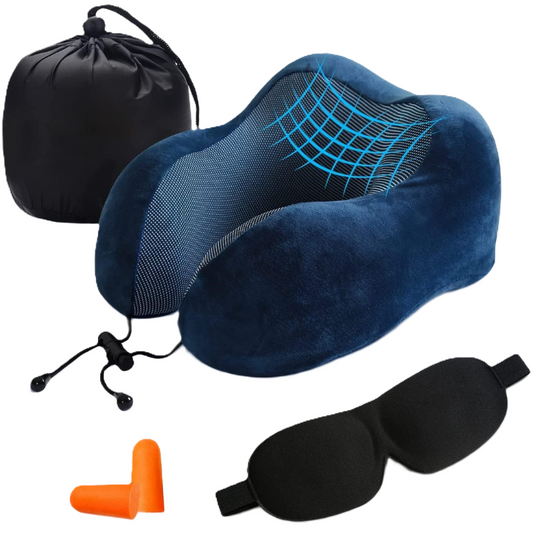 Blue Travel Pillow with 3D Eye Masks, Earplugs, and Luxury Bag