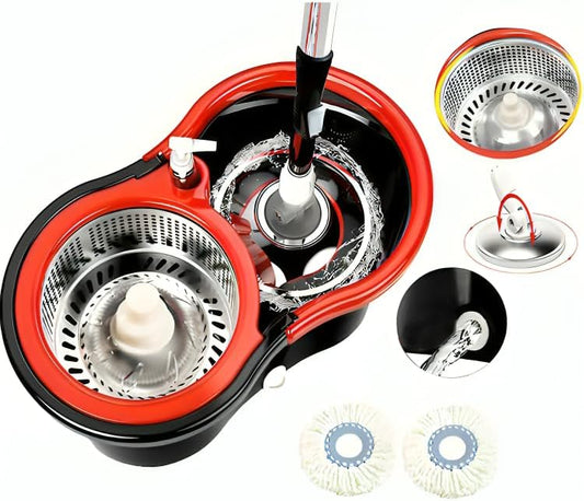 (Black & Red) Spin Mop and Bucket