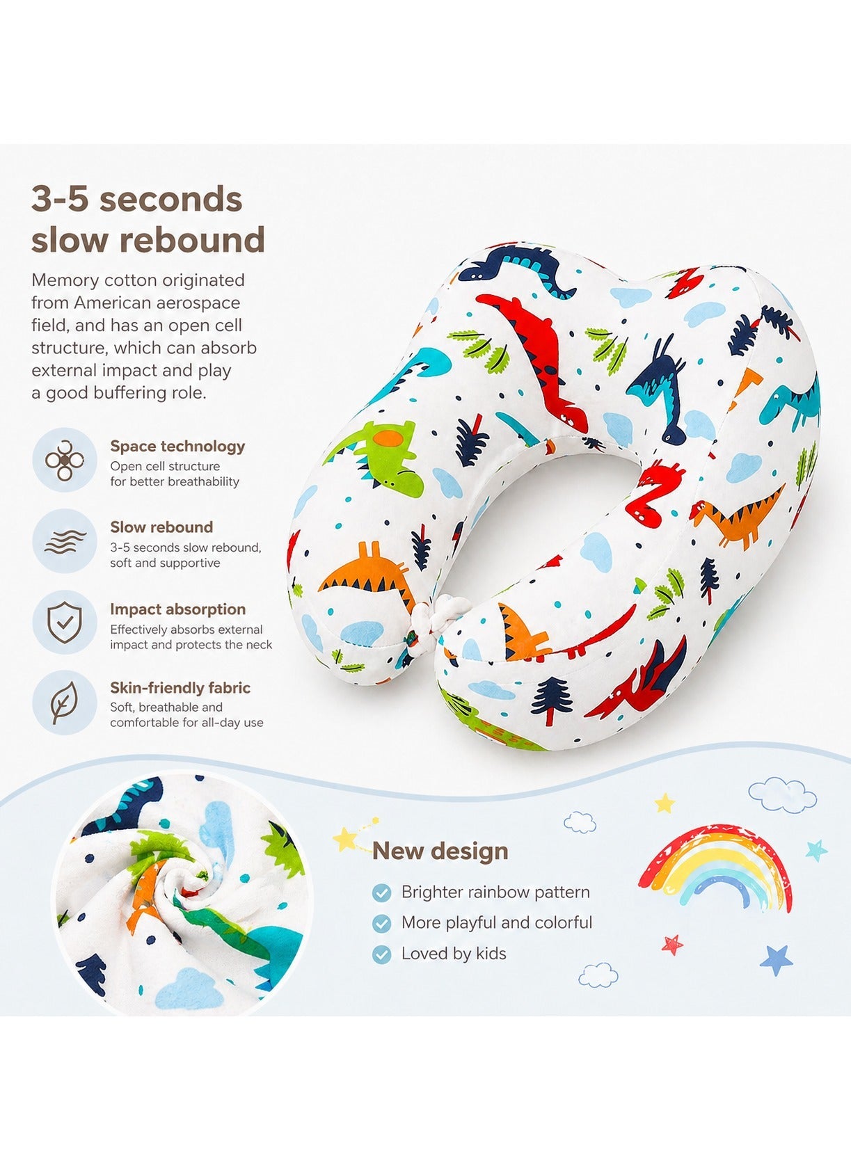 Maanys Kids Memory Foam Travel Pillow White Dinosaur