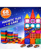 Maanys Magnetic Tiles with Cars 68 Piece Building Set