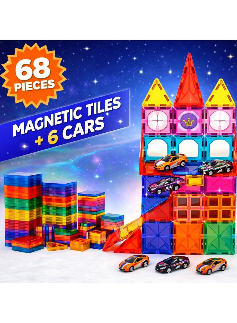 Maanys Magnetic Tiles with Cars 68 Piece Building Set