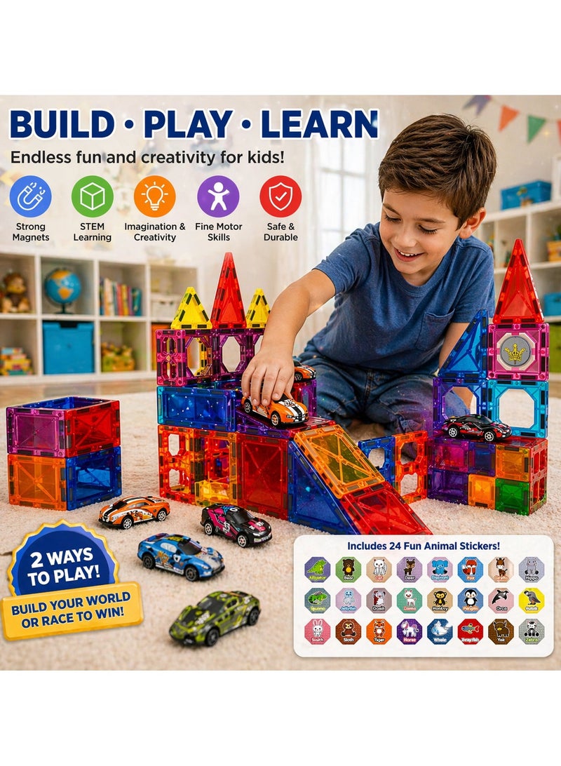 Maanys Magnetic Tiles with Cars 68 Piece Building Set