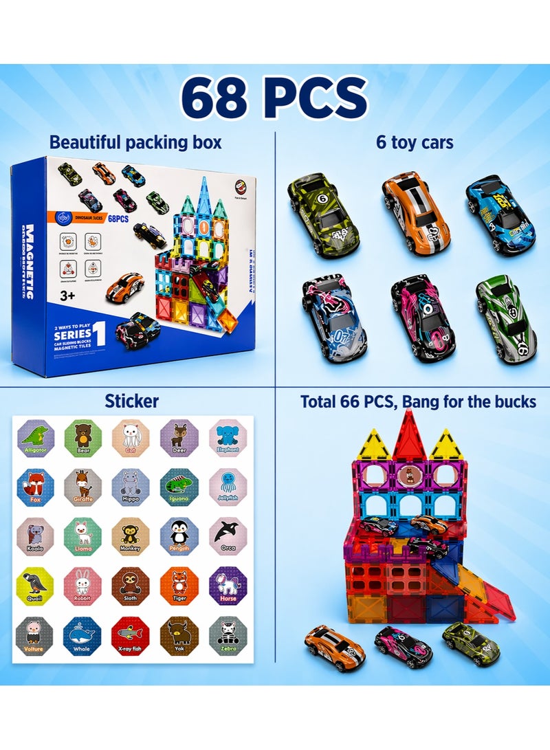 Maanys Magnetic Tiles with Cars 68 Piece Building Set