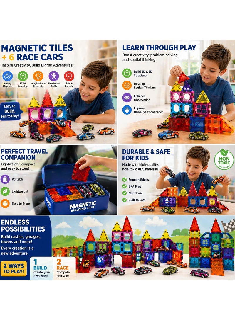 Maanys Magnetic Tiles with Cars 68 Piece Building Set